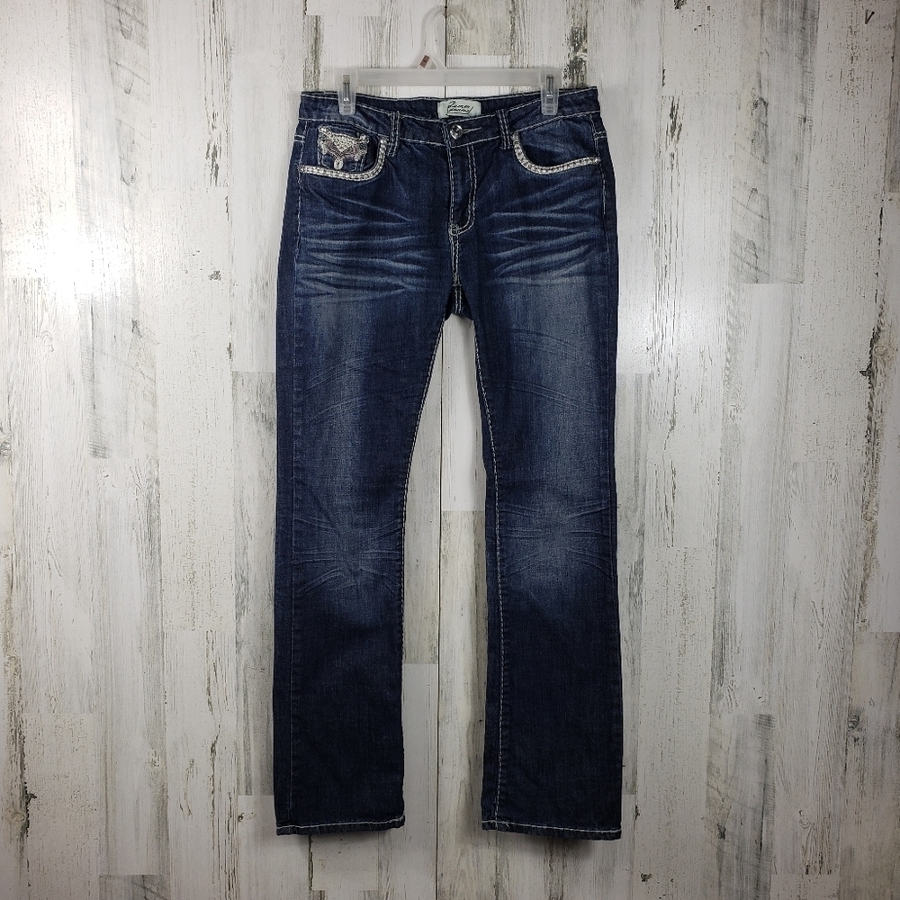 Gumm jeans dark wash straight leg denim jeans embellished pockets size 13-14